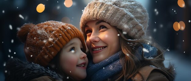 Une jeune fille avec sa maman regarde avec émerveillement les premières chutes de neige de la saison