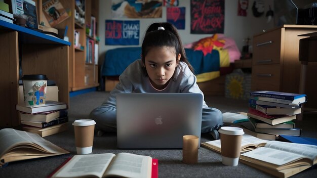 Une jeune fille se prépare à un examen assise sur le sol de sa chambre entourée d'ordinateurs portables et de livres.