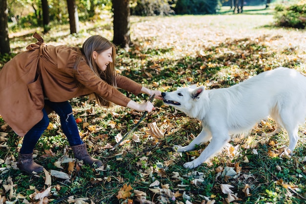 Jeune fille se promène dans un parc en automne avec un jeune chien de berger suisse blanc