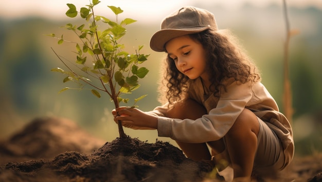 Photo une jeune fille se soucie de l'environnement et plante un arbre