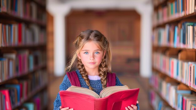 Photo une jeune fille se tient dans une bibliothèque avec un livre rouge à la main.