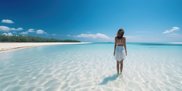 La jeune fille se tient dans l’eau sur fond d’océan azur. AI générative