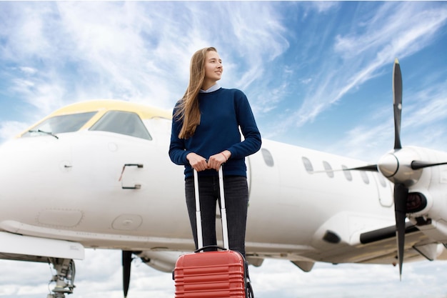 La jeune fille se tient devant l'avion avec une valise et part en voyage Concept pour le tourisme