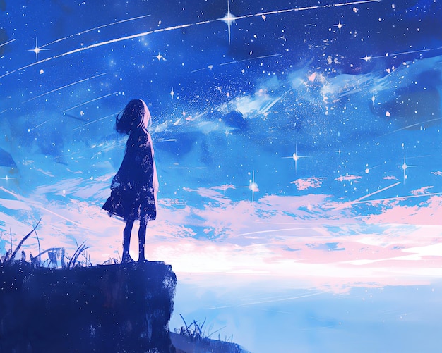 Une jeune fille se tient devant une pluie de météores, une illustration numérique contemplant le ciel nocturne.
