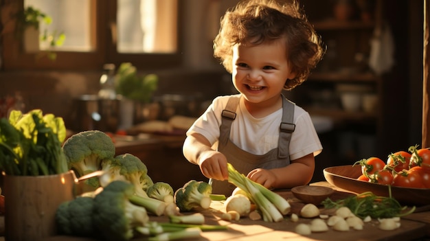 Une jeune fille se tient devant une table abondante de légumes frais.