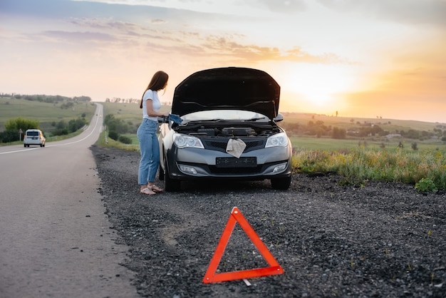 Une jeune fille se tient près d'une voiture cassée au milieu de l'autoroute au coucher du soleil et essaie de la réparer. Dépannage et réparation de la voiture. Dépannage du problème.