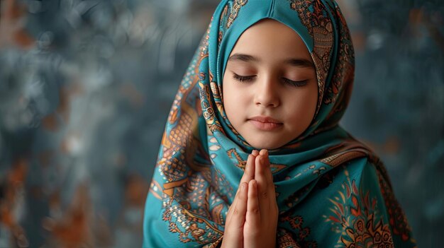 Une jeune fille sereine en prière avec un foulard coloré