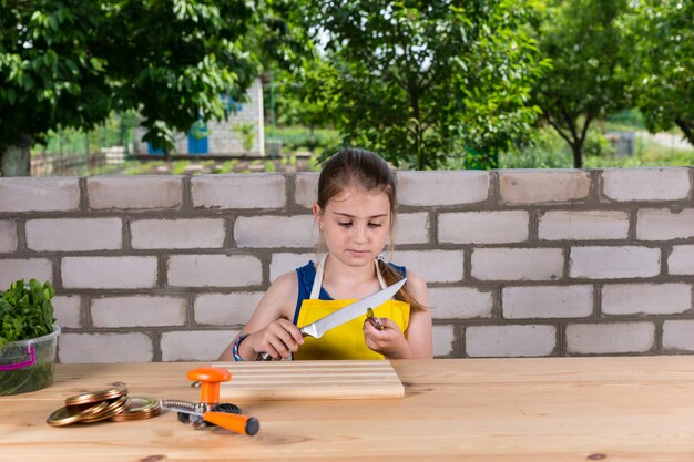 Jeune Fille Sérieuse Portant Un Tablier, Assise à Une Table En Bois Avec Des Fournitures De Mise En Conserve Et Testant La Netteté Du Couteau