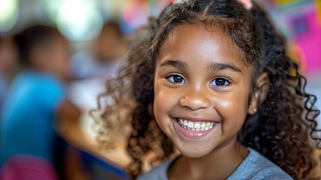 Une jeune fille souriante aux cheveux bouclés lors d'un événement coloré