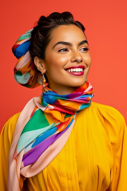 Photo une jeune fille souriante en blouse jaune et un foulard coloré autour du cou pose sur un fond coloré