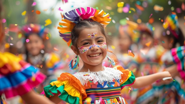 Une jeune fille souriante en costume folklorique coloré fête avec des confettis à une fête mexicaine
