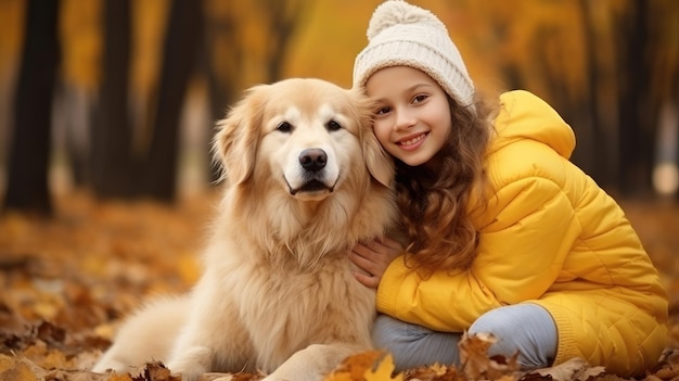 Une jeune fille souriante promène son chien beagle un jour d'automne dans une forêt d'hiver créée avec la technologie d'intelligence artificielle générative