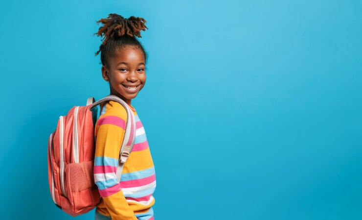 Photo une jeune fille souriante avec un sac à dos prête pour l'école sur un fond bleu vif