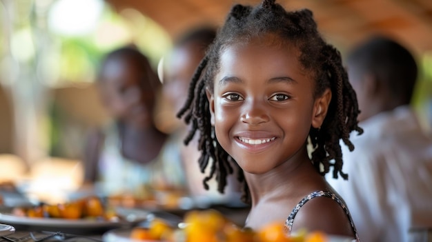 Une jeune fille souriante à table