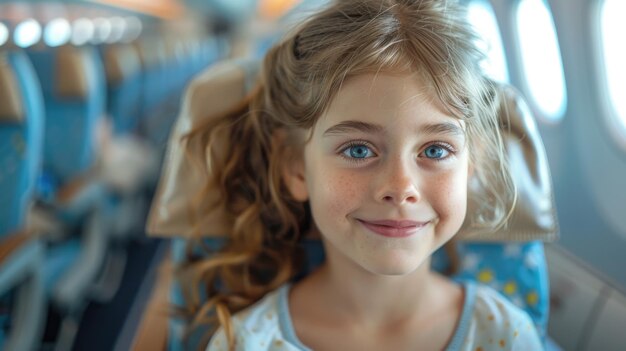 Une jeune fille souriante voyageant en avion