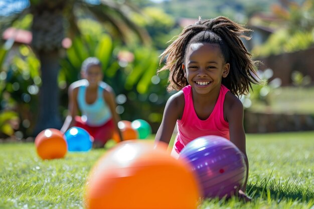 Une jeune fille avec un sourire rayonnant joue avec des balles colorées sur une pelouse ensoleillée rayonnant de joie et d'énergie