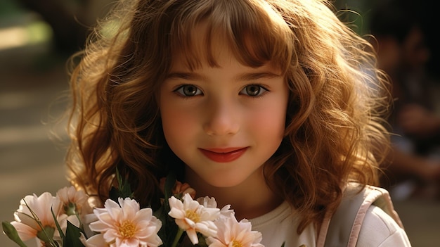 Une jeune fille avec un sourire tenant un bouquet de fleurs colorées dans ses mains