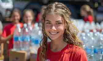 Photo une jeune fille sourit à la caméra tandis que d'autres bénévoles se tiennent derrière elle avec des bouteilles d'eau.