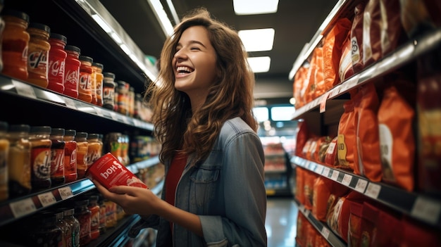 Une jeune fille sourit en choisissant de l'épicerie au magasin.