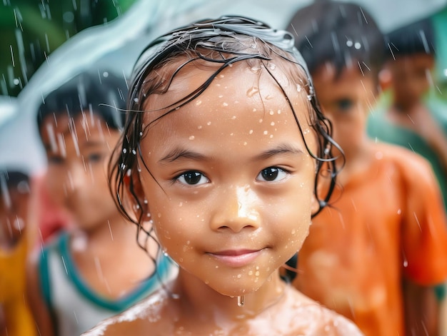 Une jeune fille sous la pluie avec d'autres enfants