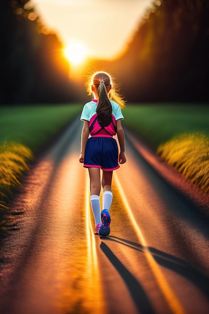 Jeune fille sportive se préparant à courir sur une route rurale au lever du soleil dans un champ d'été