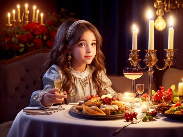 Jeune fille à la table de dîner de Hanouka avec une nourriture délicieuse avec une décoration de vin champagne élégance