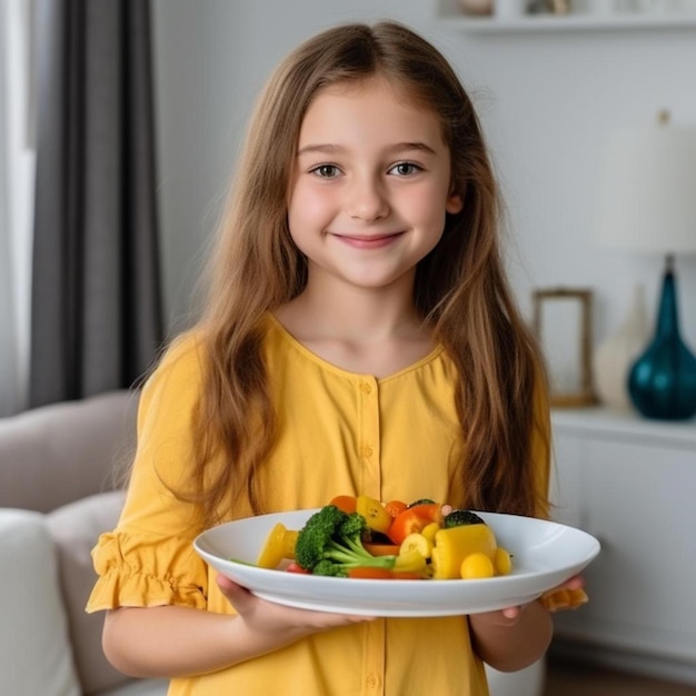 une jeune fille tenant une assiette de légumes