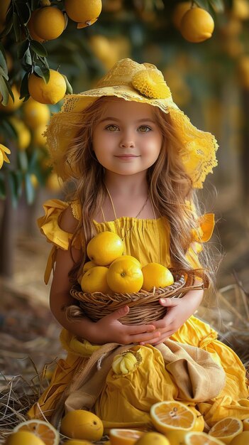 Une jeune fille tenant un bouquet de citrons