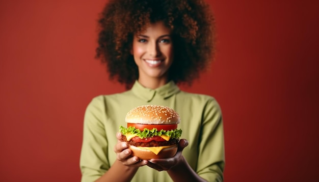 une jeune fille tenant un burger
