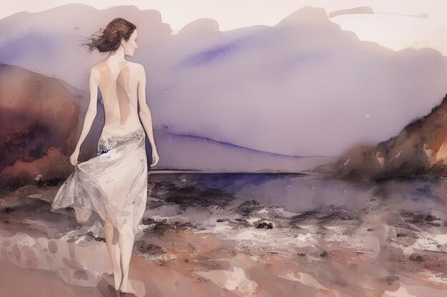 Une jeune fille tendre marche le long du rivage dans des vêtements légers Illustration aquarelle Generative AI