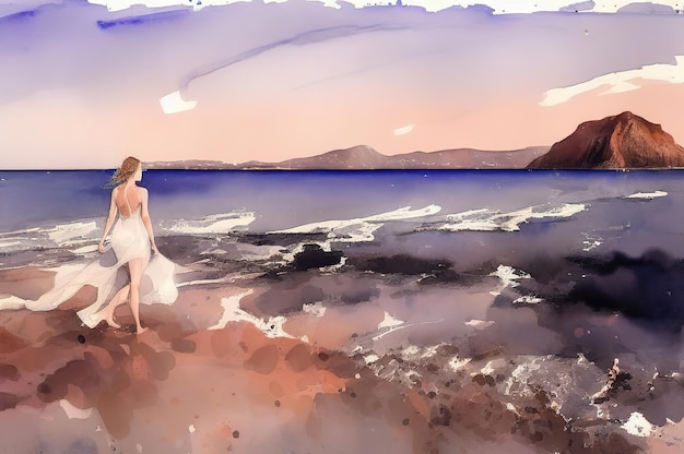 Une jeune fille tendre marche le long du rivage dans des vêtements légers Illustration aquarelle Generative AI