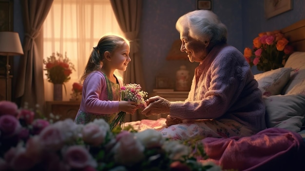 Une jeune fille tient un bouquet de fleurs dans ses mains.