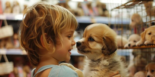 Une jeune fille tient un chiot dans un magasin.