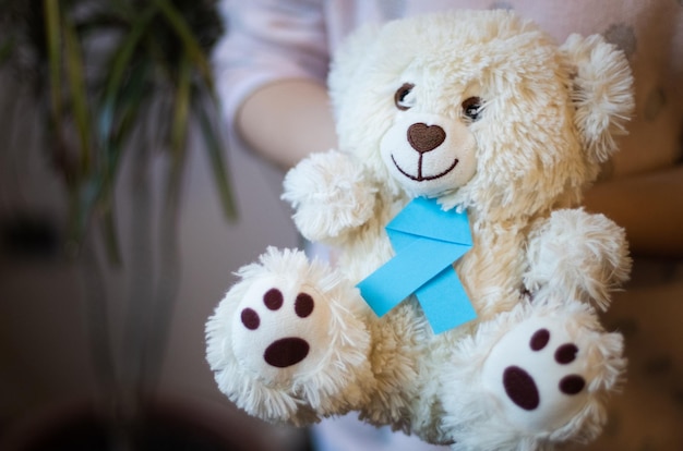 La jeune fille tient dans ses mains un ours en peluche avec un ruban bleu