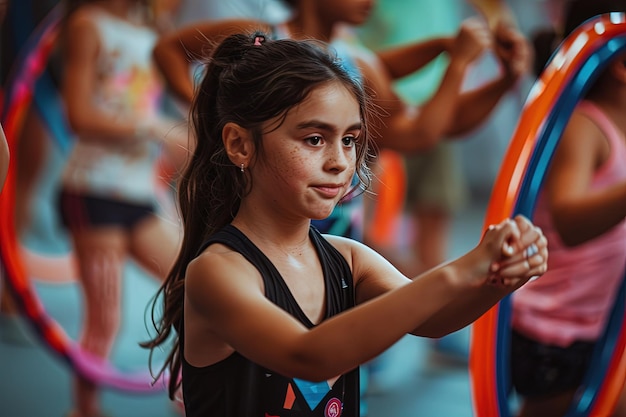 Une jeune fille tient un hula hoop