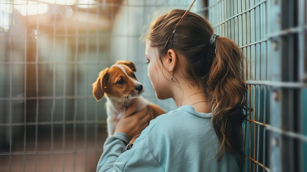 Une jeune fille tient un petit chiot dans ses bras la fille regarde le chiot avec de l'amour dans ses yeux