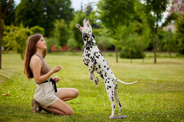 Une jeune fille traite un chien dalmatien dans le parc.