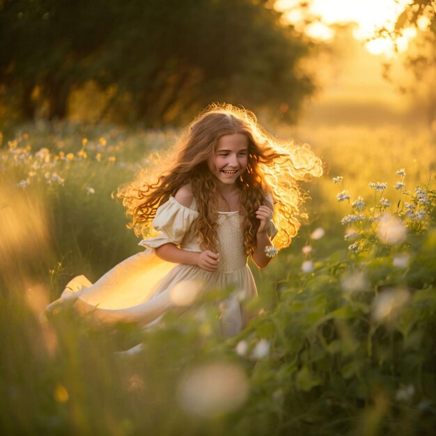 Une jeune fille traverse un champ de fleurs.