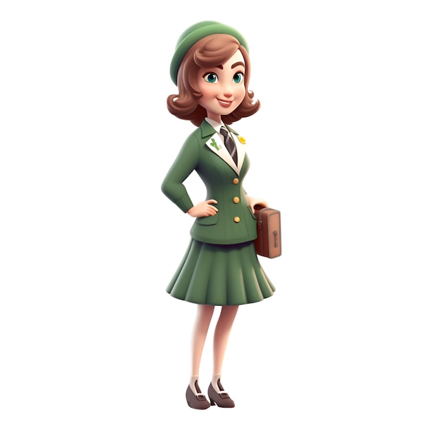 Jeune fille en uniforme vert avec mallette Illustration vectorielle de dessin animé