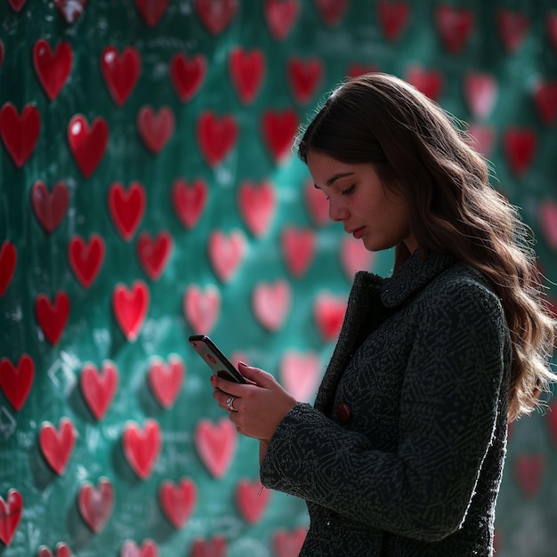 Une jeune fille utilisant un téléphone portable en arrière-plan il y a un mur avec un motif de cœurs rouges