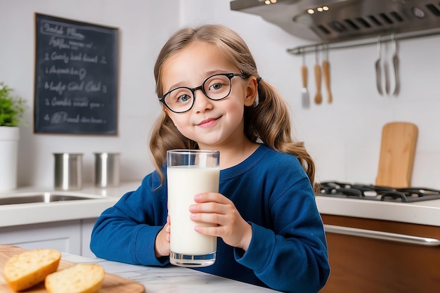 Une jeune fille avec des verres de lait dans la cuisine