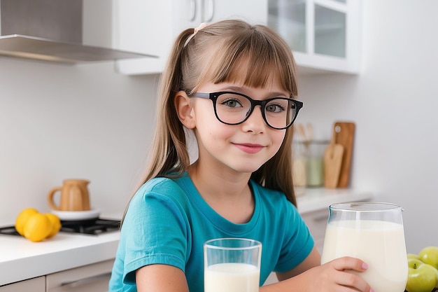 Une jeune fille avec des verres de lait dans la cuisine