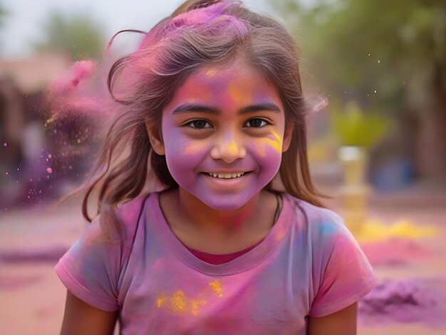 Une jeune fille vibrante célèbre le festival de Holi avec une joie colorée