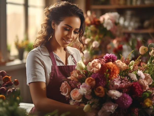 Photo une jeune floriste recueille un bouquet dans une boutique de fleurs.