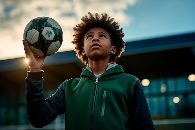 Photo un jeune footballeur qui regarde vers le haut avec aspiration représentant des rêves et un potentiel futur