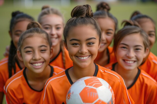 Photo une jeune footballeuse confiante avec ses coéquipières sur le terrain de football