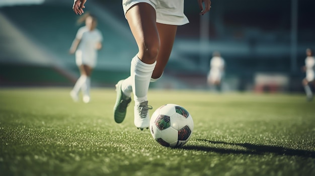 jeune footballeuse donnant un coup de pied dans un ballon de football et courant dans un terrain