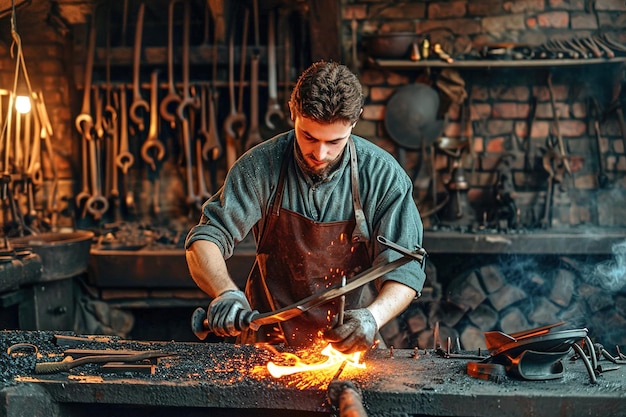 Un jeune forgeron créant du travail du métal avec des outils traditionnels