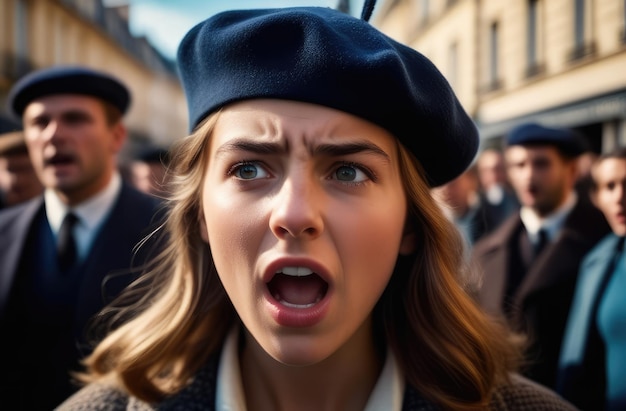 une jeune française en béret fait grève lors de manifestations de militants de rue contre la violation des droits