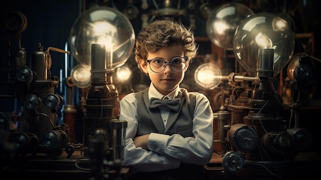 jeune garçon de 8 ans, inventeur scientifique dans un laboratoire moderne